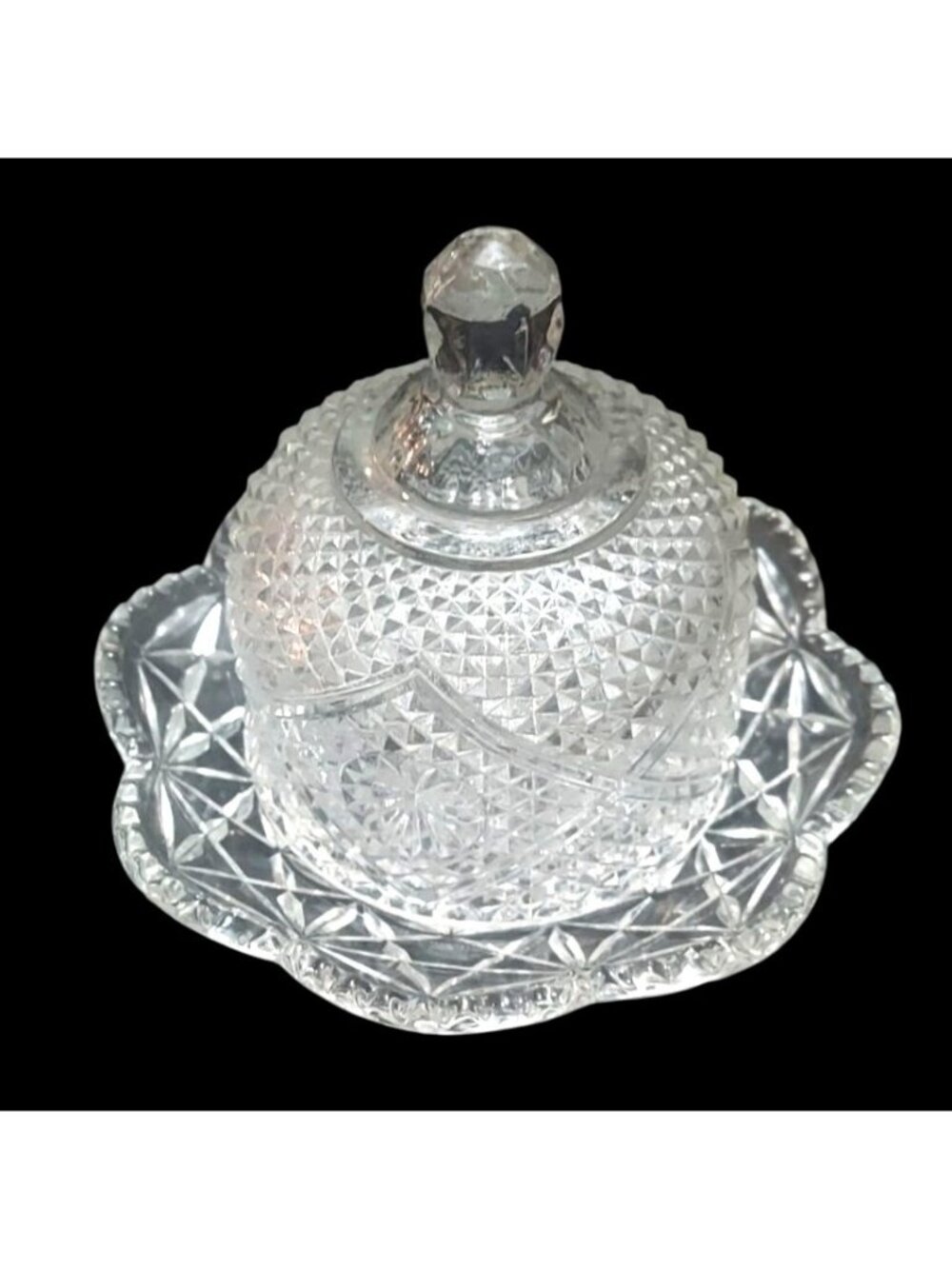 Glass Covered Butter Dish  Raised Diamond Cut Starburst Avon By Fostoria Vintage